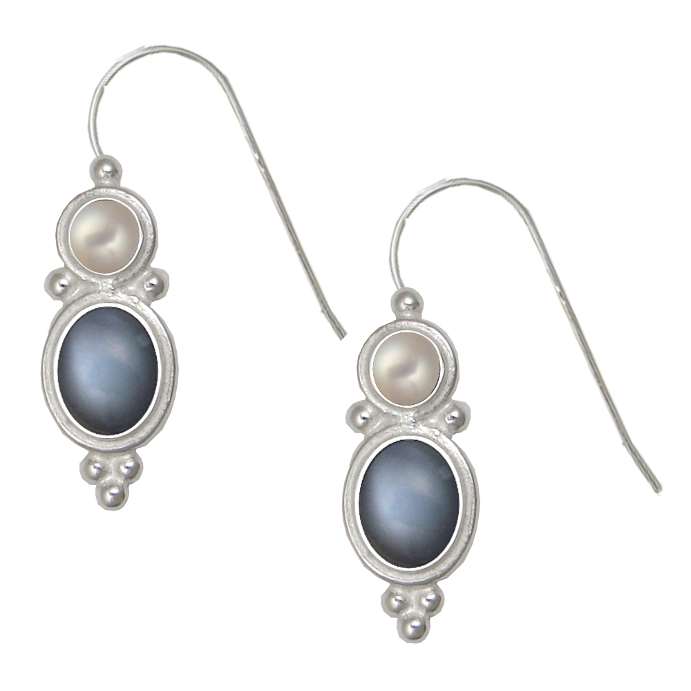 Sterling Silver Drop Dangle Earrings Grey Moonstone And Cultured Freshwater Pearl